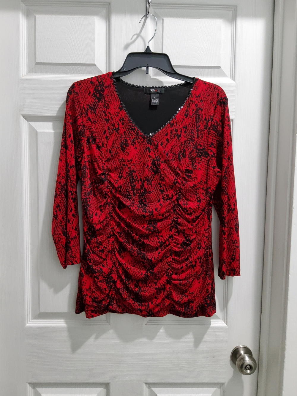 Style & Co. Red and Black Snake-Print Ruched V-Neck Top